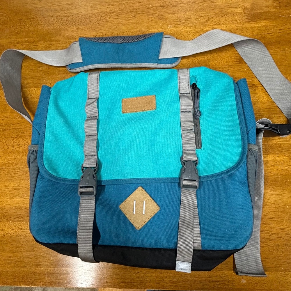 LL Bean Messenger Bag Teal Blue Canvas Laptop Commuter Bag Outdoors